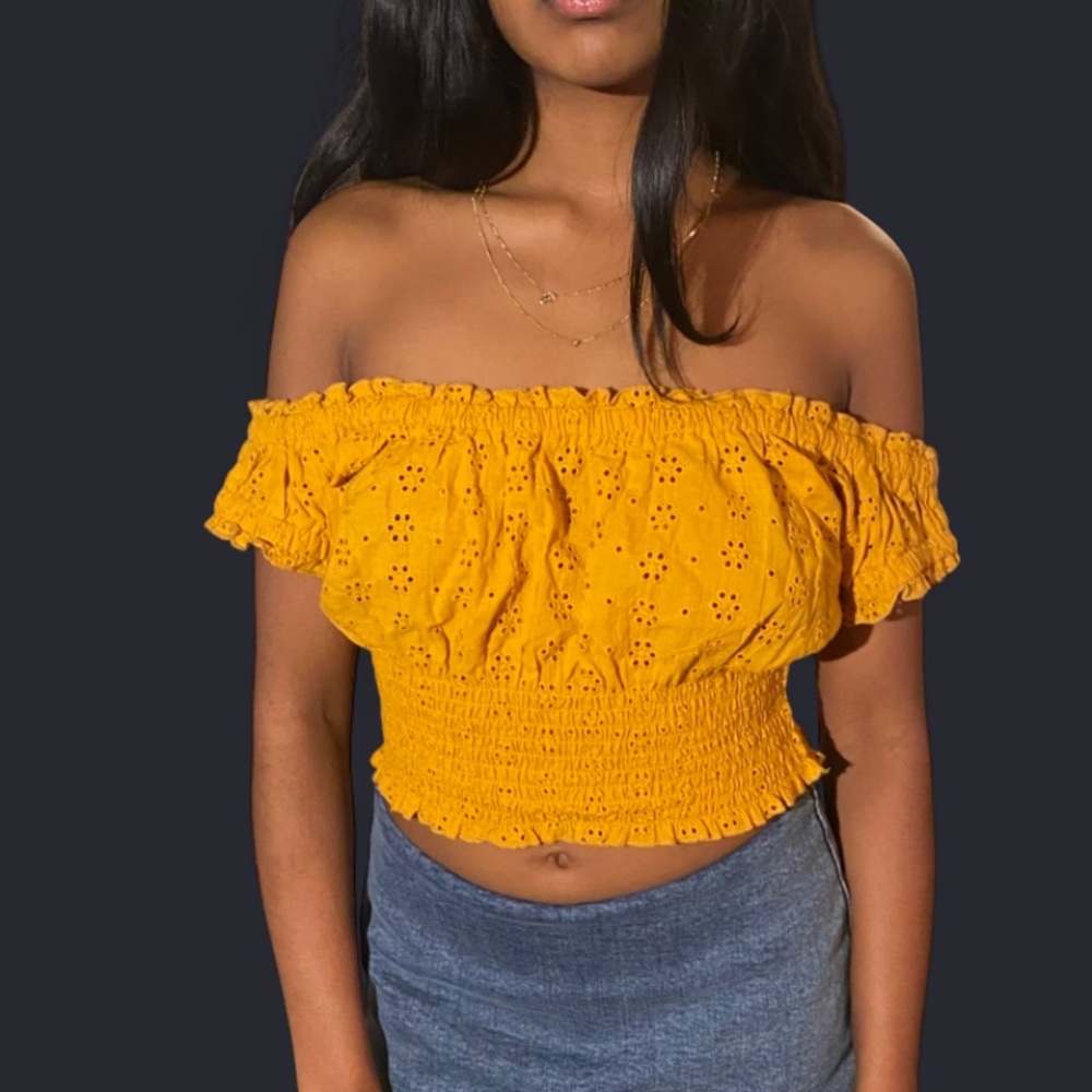 Ten Sixty Sherman Mustard Off-Shoulder Crop Top